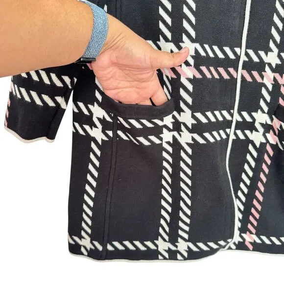 Talbots Size MEDIUM Pink White Herringbone Long Snap Button Cardigan - Picture 6 of 8